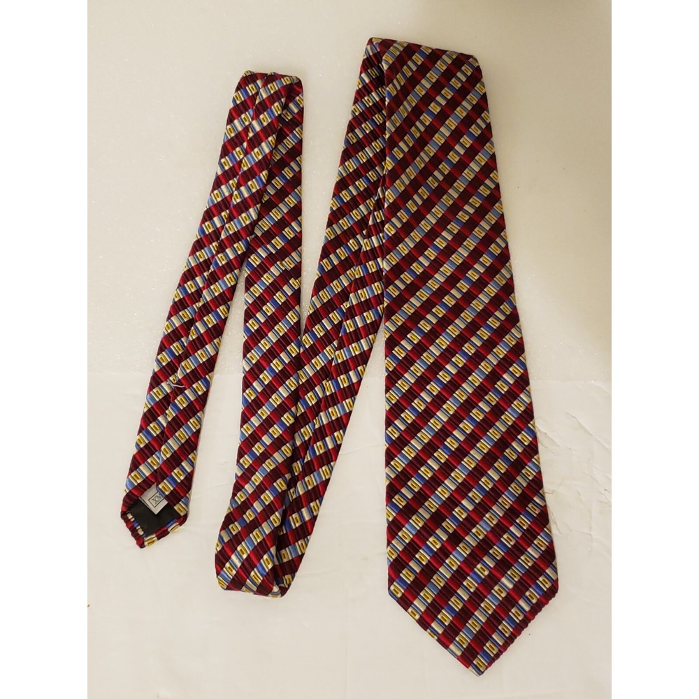 XMI Platinum Men's Tie Red Silver Yellow & Blue Geo Woven Silk Necktie